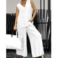 Frauen Sommer solide lose ärmellose V-Ausschnitt Top & Wide-Leg Hose 2-teiliges Set