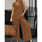 Frauen Sommer solide lose ärmellose V-Ausschnitt Top & Wide-Leg Hose 2-teiliges Set