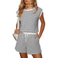 Gestreiftes Damen-Top mit langen Ärmeln Shorts 2-tlg