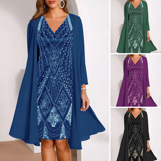 🏃‍♀️ Es wird im Akkord weggeschnappt – zögern Sie nicht！💕Damen-Set: Kleid mit V-Ausschnitt & transparenter langer Jacke