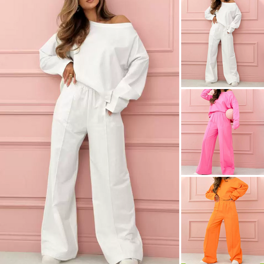 Modisches und minimalistisches Oberteil mit Rundhalsausschnitt und Hose mit weitem Bein, 2-teiliges Set