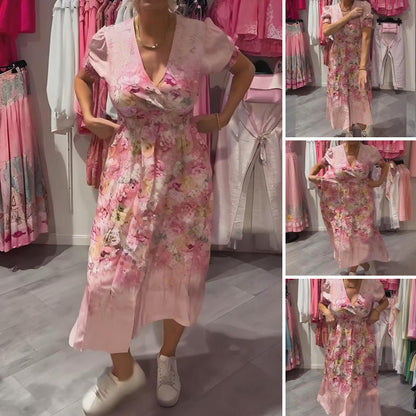 🌸💐Elegantes, langes Damenkleid mit Blumenprint und V-Ausschnitt