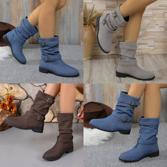 Damen-Ankle-Boots aus Denim mit Schnallenriemen