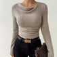 Damen Strick-Langarmshirt mit Wasserfallkragen und Raffung