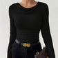 Damen Strick-Langarmshirt mit Wasserfallkragen und Raffung
