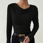 Damen Strick-Langarmshirt mit Wasserfallkragen und Raffung
