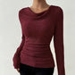Damen Strick-Langarmshirt mit Wasserfallkragen und Raffung