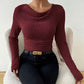Damen Strick-Langarmshirt mit Wasserfallkragen und Raffung