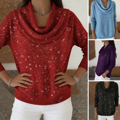 Glitzer Langarmshirt mit Wasserfallausschnitt