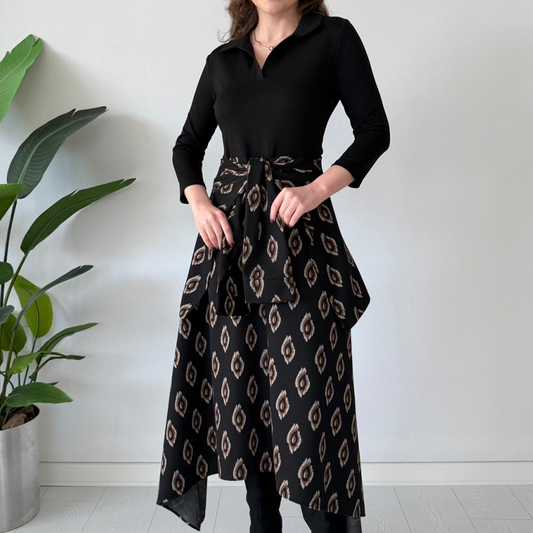 Taillenbetontes Midi-Kleid in A-Linie mit Bindebändern