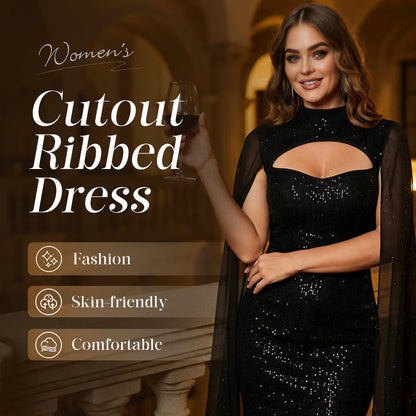 Ausgeschnittenes, geripptes Kleid für Damen mit Chiffon-Cape 🔥Kauf 2 Artikel versandkostenfrei