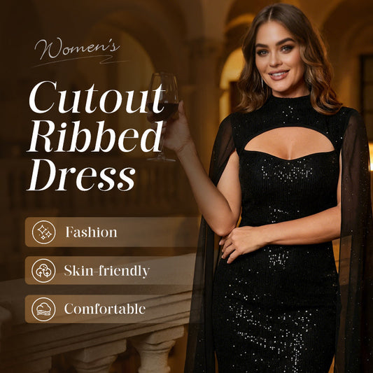 Ausgeschnittenes, geripptes Kleid für Damen mit Chiffon-Cape 🔥Kauf 2 Artikel versandkostenfrei