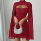Ausgeschnittenes, geripptes Kleid für Damen mit Chiffon-Cape 🔥Kauf 2 Artikel versandkostenfrei