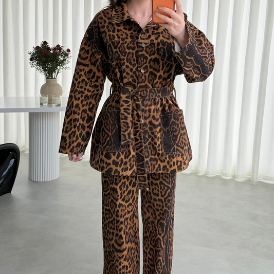 Damen Zweiteiler mit Leopardenmuster: Jacke mit Gürtel & Hose
