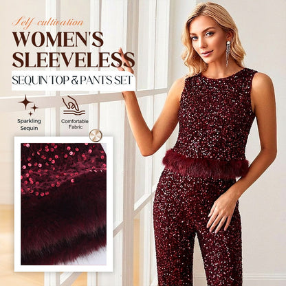 Ärmelloses Pailletten-Oberteil und Hose für Damen