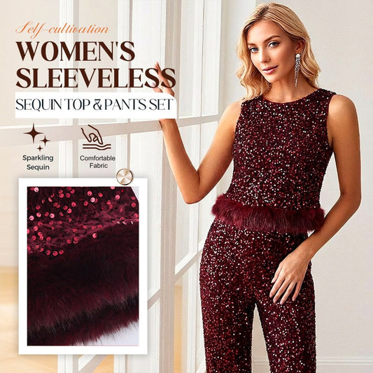 Ärmelloses Pailletten-Oberteil und Hose für Damen
