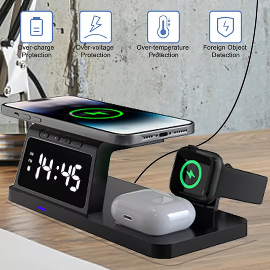 4-in-1-Schnellladestation mit Uhr und kabelloser Ladefunktion