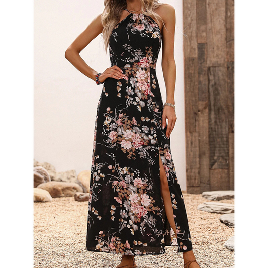 Elegantes Neckholder-Kleid mit Blumenmuster und Beinschlitz