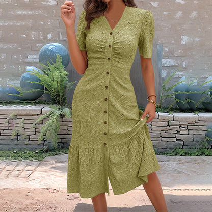 🔥LETZTER TAG – 50 % RABATT🌞💃Damen-Midi-Kleid mit Knopfleiste, V-Ausschnitt und kurzen Ärmeln