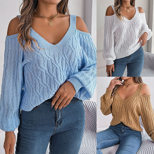 🔥Zeitlich begrenztes Angebot – Damenpullover mit V-Ausschnitt, schmalen Schultern und Zopfmuster