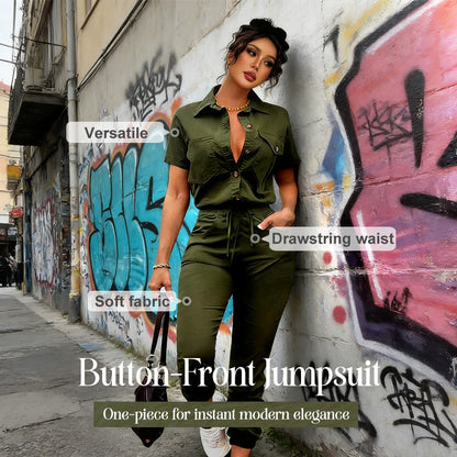 Kurzärmeliger Jumpsuit für Damen mit Knopfleiste