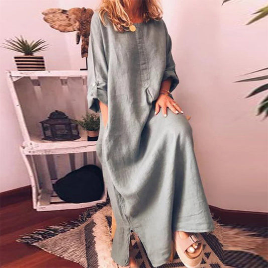 Lässiges, locker sitzendes Maxikleid aus Baumwolle und Leinen für Damen