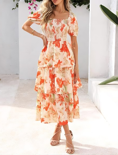 🔥Letzter Tag des Schlussverkaufs – 50 % Rabatt🔥Damen-Maxikleid aus Chiffon mit Blumenmuster und Stufenschnitt – kurze Ärmel, quadratischer Ausschnitt