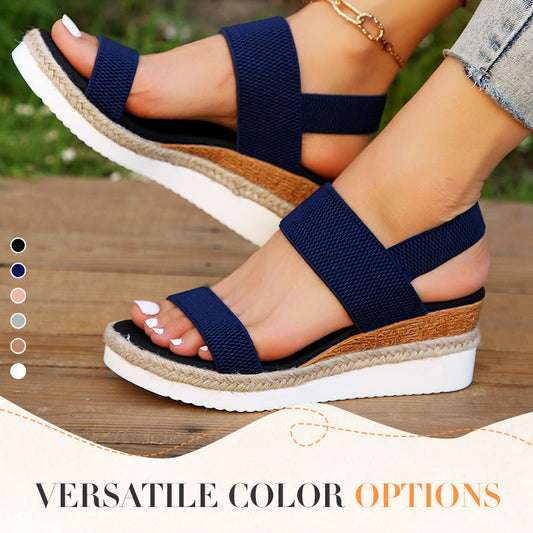 Damen-Sandalen mit gewebtem Gummiband und dicker Sohle und schrägem Absatz