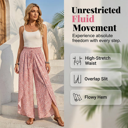 Damenhose mit geraffter Taille, weitem Bein und Schlitz