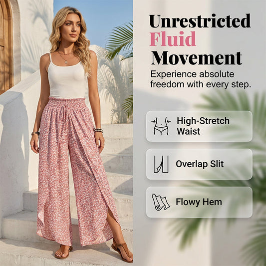 Damenhose mit geraffter Taille, weitem Bein und Schlitz