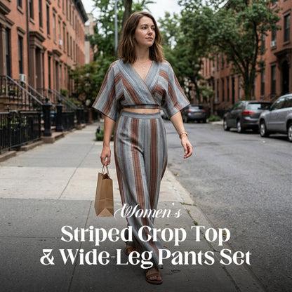 ☀️🔥Set aus gestreiftem Crop-Top und Hose mit weitem Bein für Damen