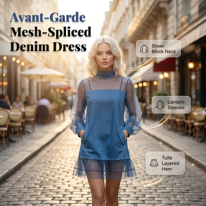 👗 Lantern Sleeve Faux Collar Denim Kleid – femininer Look mit Fake-Kragen, weiten Ärmeln & figurschmeichelndem Denim-Schnitt
