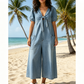 Loose Fit V Neck Tie Front Wide Leg Romper for Women