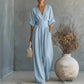 Damen V-Ausschnitt Hochtaillierter Weitbein-Jumpsuit
