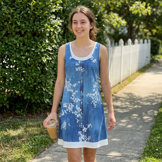 Zweiteiliges Damenkleid aus Kunstleder mit Jeansprint