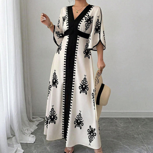 ⏰ Nur noch heute 50% Rabatt! 👗 Elegantes Damen Maxikleid mit V-Ausschnitt & Retro-Print, fließender Stoff, Glockenärmel und kontrastierende schwarze Besätze für Urlaub, Picknick & Abendausflüge ✨