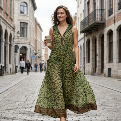 ⏰ Nur noch heute 50% Rabatt! 🐆 Trägerlanges Maxikleid für Damen mit grünem Leopardenprint, Kapuze & Frontreißverschluss, luftiger Chiffon-Stoff mit Taschen für Stadt, Urlaub & warme Sommertage ✨