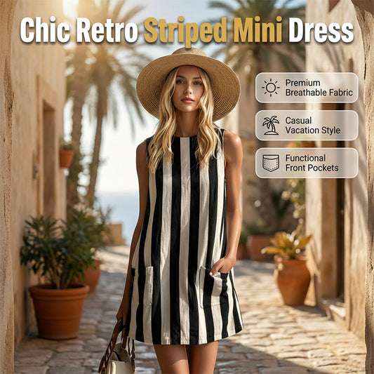 Damen Ärmelloses Gestreiftes Rundhals-Minikleid mit Taschen