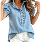 👚🌸 Denim-Bluse mit Rüschen-V-Ausschnitt und Puffärmeln