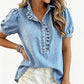 👚🌸 Denim-Bluse mit Rüschen-V-Ausschnitt und Puffärmeln