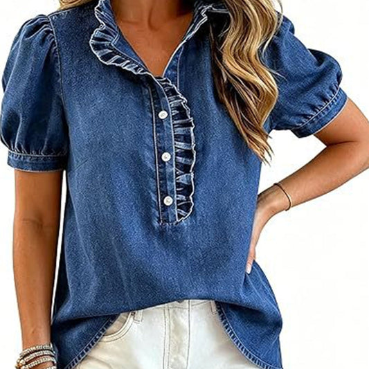 👚🌸 Denim-Bluse mit Rüschen-V-Ausschnitt und Puffärmeln