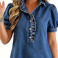 👚🌸 Denim-Bluse mit Rüschen-V-Ausschnitt und Puffärmeln