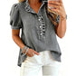 👚🌸 Denim-Bluse mit Rüschen-V-Ausschnitt und Puffärmeln