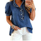 👚🌸 Denim-Bluse mit Rüschen-V-Ausschnitt und Puffärmeln