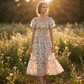 🌈 50% Rabatt! 🔥✨Quadratisches Hals Floral Midi Kleid - Räuchertes Bodice, fließender Schichtroch, Romantisch 🌸