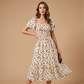 🌈 50% Rabatt! 🔥✨Quadratisches Hals Floral Midi Kleid - Räuchertes Bodice, fließender Schichtroch, Romantisch 🌸