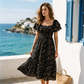 🌈 50% Rabatt! 🔥✨Quadratisches Hals Floral Midi Kleid - Räuchertes Bodice, fließender Schichtroch, Romantisch 🌸