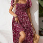 🌈 50% Rabatt! 🔥✨Quadratisches Hals Floral Midi Kleid - Räuchertes Bodice, fließender Schichtroch, Romantisch 🌸
