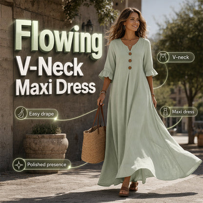 👗 50% RABATT! 🌸 Damen V-Ausschnitt lockeres Maxikleid – Leicht & luftig – Perfekt für heiße Tage, Strand oder einen entspannten Look – feminin und bequem ✨🌿