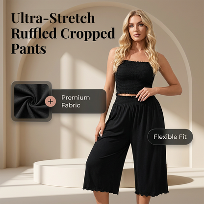 Damen-Cropped-Hose mit Rüschen, weitem Bein und hoher Dehnbarkeit